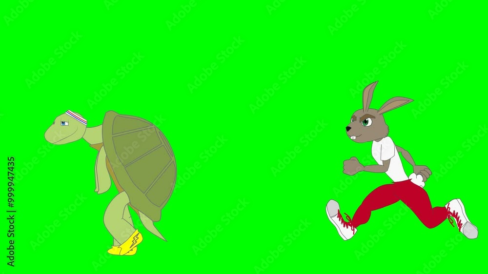 2d animated character of  story of rabbit and tortoise speed race where rabbit hits a tree and falls to ground and tortoise wins race  . in green screen background chroma key.