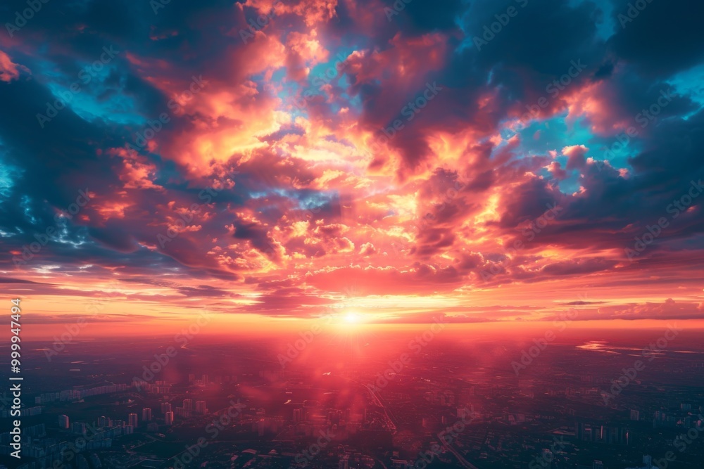 Dramatic Red and Orange Sunset Sky with Clouds, Panoramic Aerial View Dramatic Red and Orange Sunset Sky with Clouds, Panoramic Aerial View