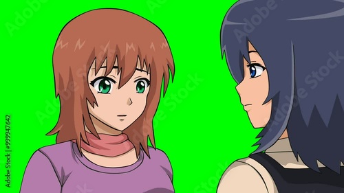 2d animated character of  A black haired boy talking to a brown or orange haired girl, feelings of regret, disagreement about a topic  . in green screen background chroma key.