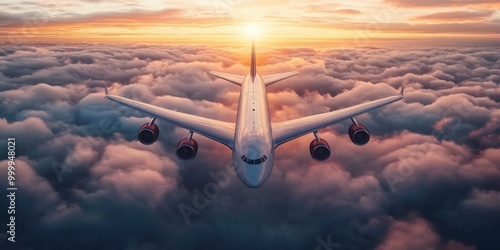 Commercial airplane flying above dramatic clouds during sunset