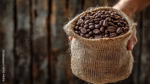 A captivating photo of a hand holding a burlap sack filled with coffee beans, with a rustic background, emphasizing the craftsmanship and quality of the coffee. photo