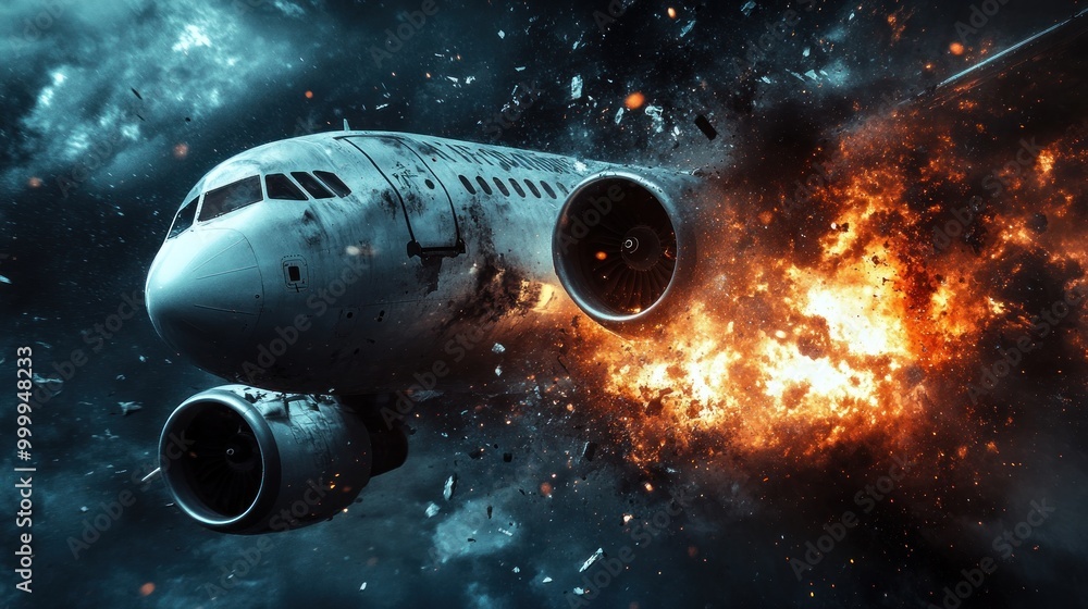 A dramatic depiction of an airplane exploding in mid-air amidst a dark, chaotic background. A dramatic depiction of an airplane exploding in mid-air amidst a dark, chaotic background.