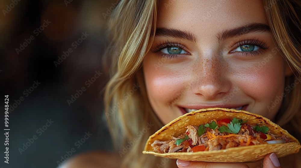 Smiling Woman Enjoying a Delicious Taco Smiling Woman Enjoying a Delicious Taco
