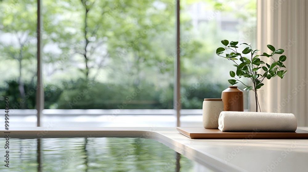 Fototapeta premium Nature-Inspired Spa Retreat - Tranquil Zen Garden with Lush Greenery and Serene Water Features for Relaxation and Rejuvenation in a Calming Atmosphere