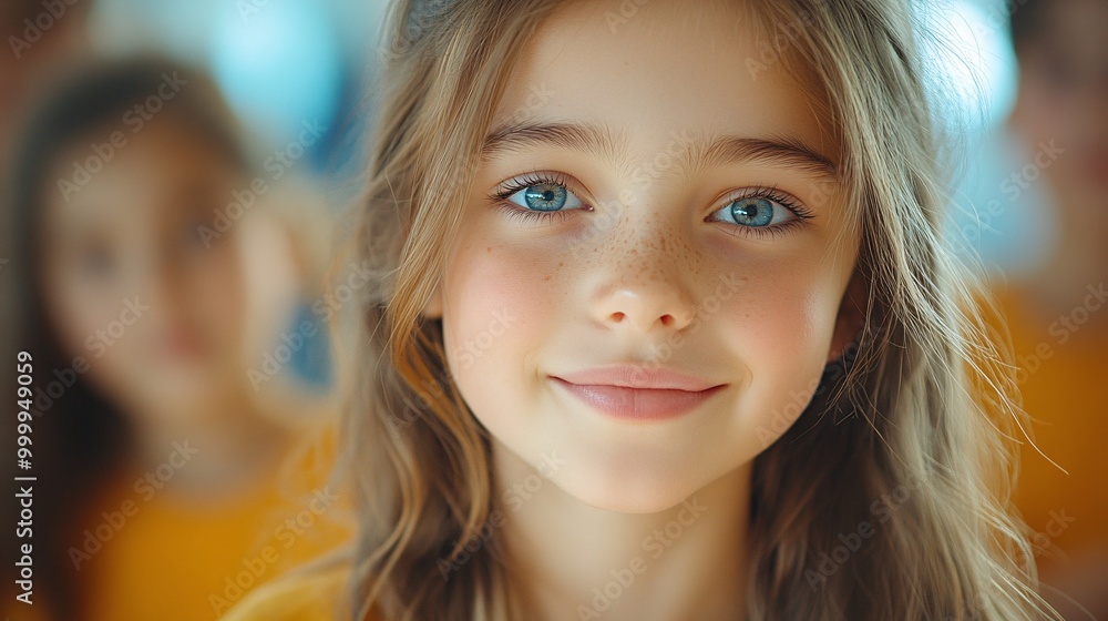 Enthusiastic Young Girl Giving a Confident Presentation to Classmates in Bright Classroom Setting - Medium Shot Photo Enthusiastic Young Girl Giving a Confident Presentation to Classmates in Bright Classroom Setting - Medium Shot Photo