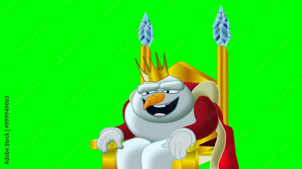 2d animated character of snowman king or ruler with carrot nose laughs loudly while sitting on golden throne, ridicule, special clown . in green screen background chroma key.