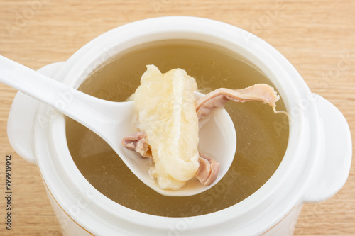 A bowl of pork belly and fish maw stew