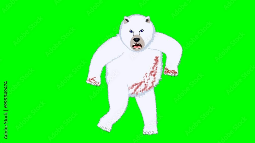 2d animated character of A wild white polar bear that is angry and hungry and wounded and covered in blood is standing and walking and is about to attack. in green screen background 2d animated character of A wild white polar bear that is angry and hungry and wounded and covered in blood is standing and walking and is about to attack. in green screen background