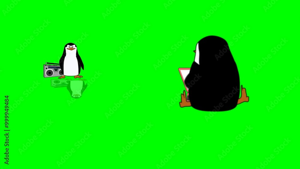 2d animated character of A penguin working with a laptop or computer designing a website or programming, and a penguin with a tape recorder or band waving bye-bye. 2d animated character of A penguin working with a laptop or computer designing a website or programming, and a penguin with a tape recorder or band waving bye-bye.