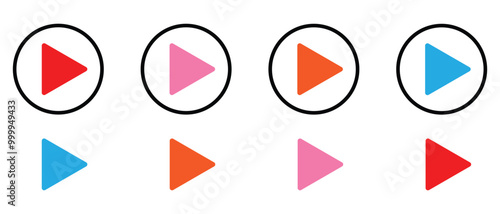 Play button vector icon set. Play red, yellow, sky and pink  button sign and symbol editable stroke isolated on white background. Linear vector outline for website design. Vector illustration.Eps 10