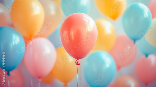 Background with colorful balloons close-up in pastel colors.