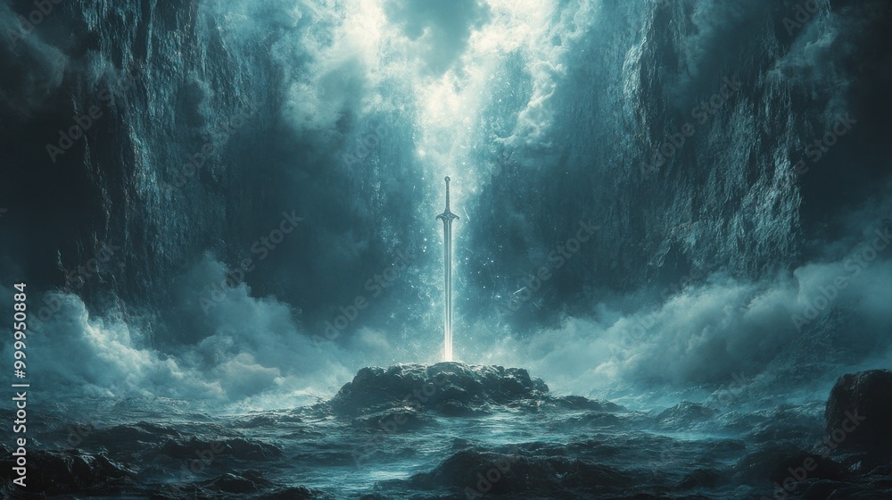 Fototapeta premium A gleaming sword rises from the stormy sea, illuminated by a mysterious light source.
