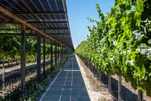 Renewable Energy Integration. Solar panels above vineyard pathway.