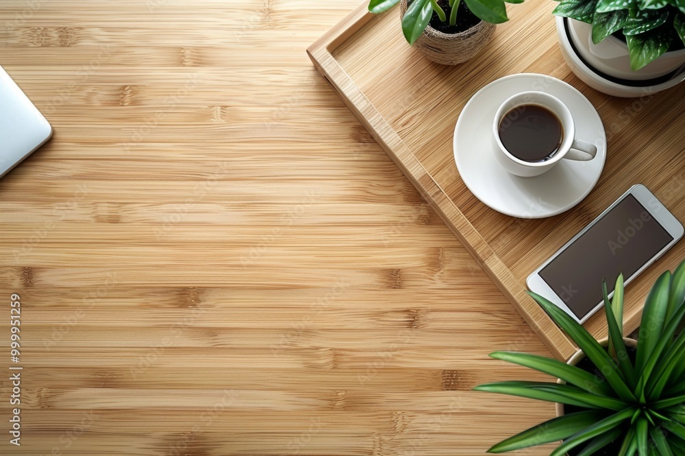 Desk with Coffee, Laptop, and Phone, Copyspace Web Banner Design for Productivity Desk with Coffee, Laptop, and Phone, Copyspace Web Banner Design for Productivity