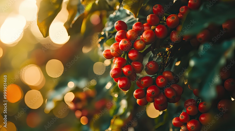 Coffee beans banner. close up ripe coffee berries in farm. Coffee label Coffee beans banner. close up ripe coffee berries in farm. Coffee label