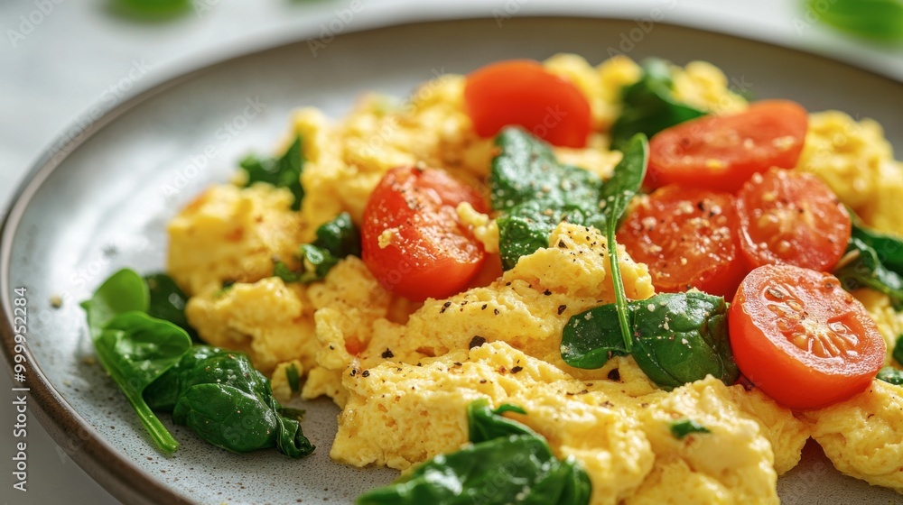 A vibrant plate of scrambled eggs mixed with fresh spinach and cherry tomatoes, garnished for a healthy, delicious breakfast. A vibrant plate of scrambled eggs mixed with fresh spinach and cherry tomatoes, garnished for a healthy, delicious breakfast.