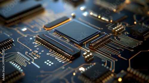 Photorealistic close-up of a semiconductor die with gold wire bonding connections.