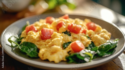 A colorful plate of scrambled eggs topped with fresh tomatoes and spinach, served on a wooden table, showcasing a healthy breakfast option.