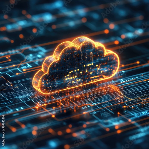 Digital cloud icon hovering over a vast data network, showcasing cloud computing technology.