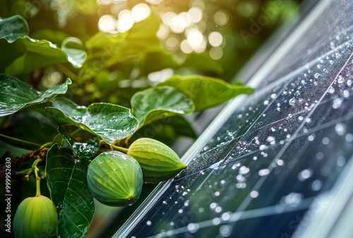 Sustainable Fig Harvest. Ripe figs grow alongside a dew-covered solar panel, showcasing the harmonious blend of fruit cultivation and renewable energy technology. photo