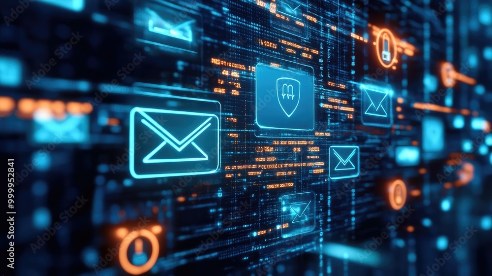Digital email campaign with automation icons and spam filters, representing the efficiency of marketing automation Digital email campaign with automation icons and spam filters, representing the efficiency of marketing automation