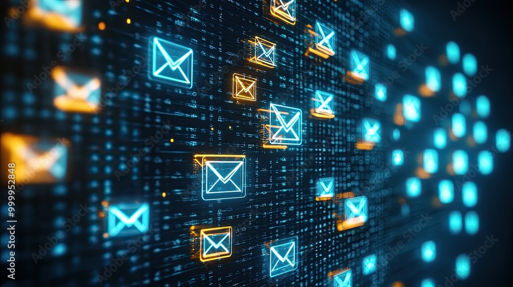 Digital email campaign with automation icons and spam filters, representing the efficiency of marketing automation Digital email campaign with automation icons and spam filters, representing the efficiency of marketing automation