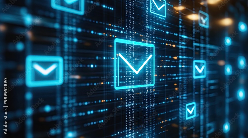 Digital email campaign with automation icons and spam filters, representing the efficiency of marketing automation Digital email campaign with automation icons and spam filters, representing the efficiency of marketing automation