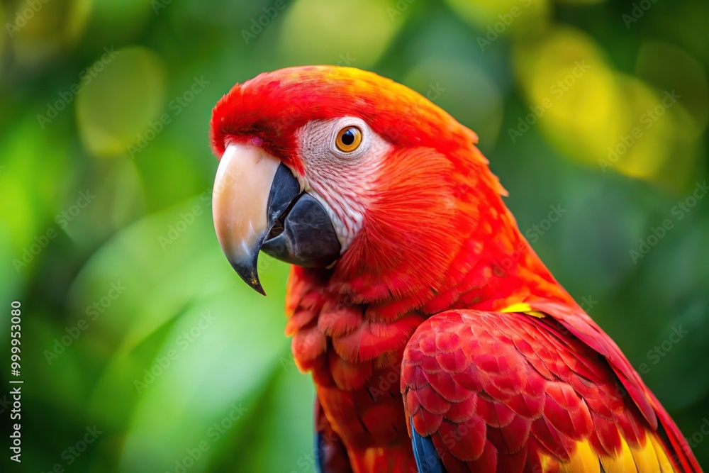 High angle view of a red parrot with yellow feathers and beak High angle view of a red parrot with yellow feathers and beak