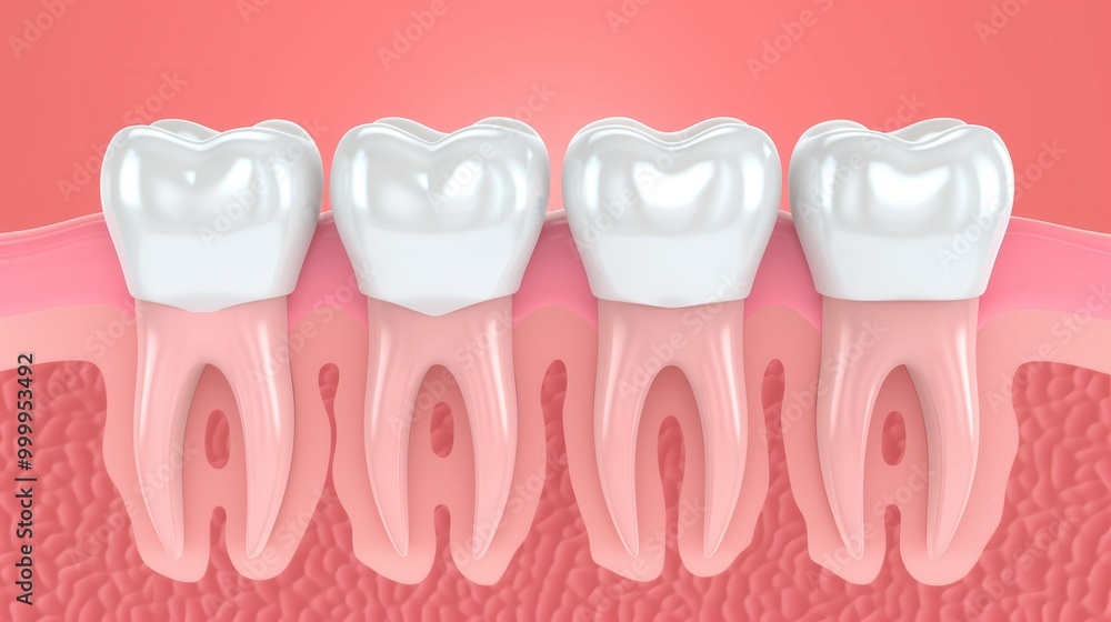 Illustration of healthy teeth with white crowns, showcasing dental hygiene and tooth anatomy on a pink gum background. Illustration of healthy teeth with white crowns, showcasing dental hygiene and tooth anatomy on a pink gum background.