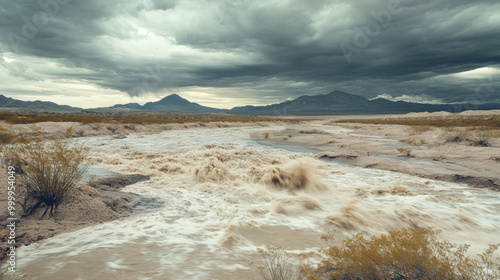 flash flood rapidly fills dry desert basin, showcasing power of nature. Dark clouds loom overhead, creating dramatic atmosphere in this arid landscape