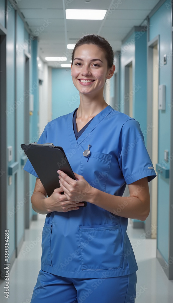 Smiling female nurse in blue scrubs holding clipboard in hospital corridor with bright lighting Smiling female nurse in blue scrubs holding clipboard in hospital corridor with bright lighting