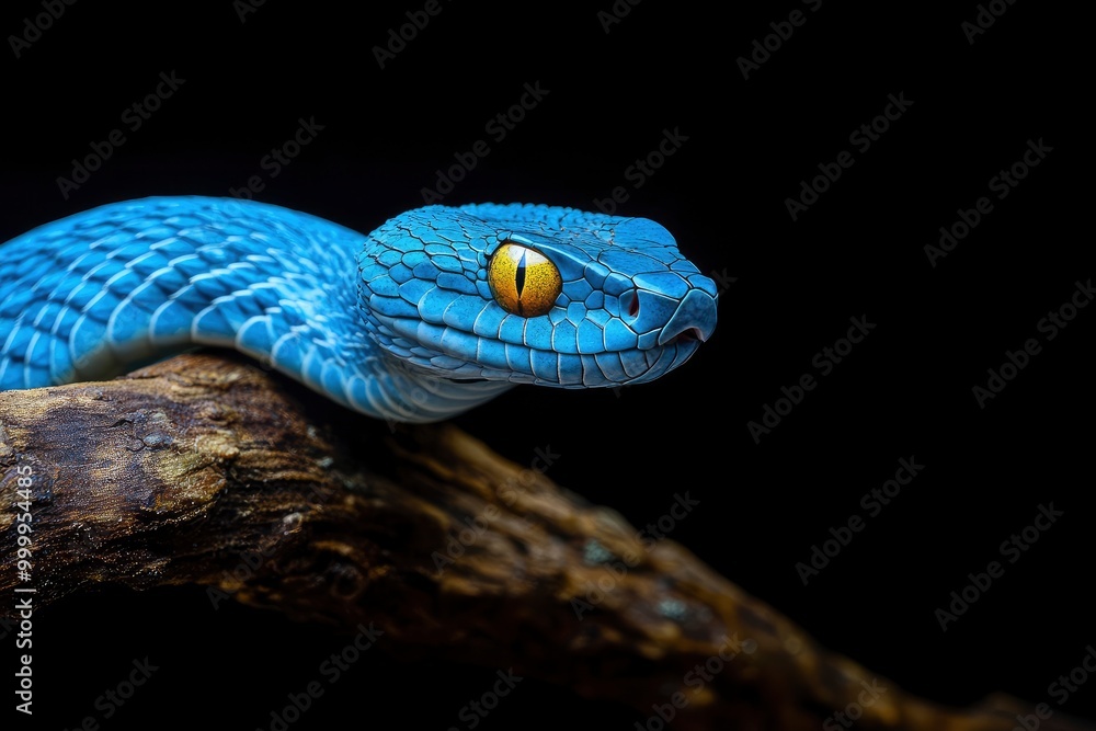 Fototapeta premium Blue viper snake on branch with black background, viper snake ready to attack, blue insularis snake, generative ai