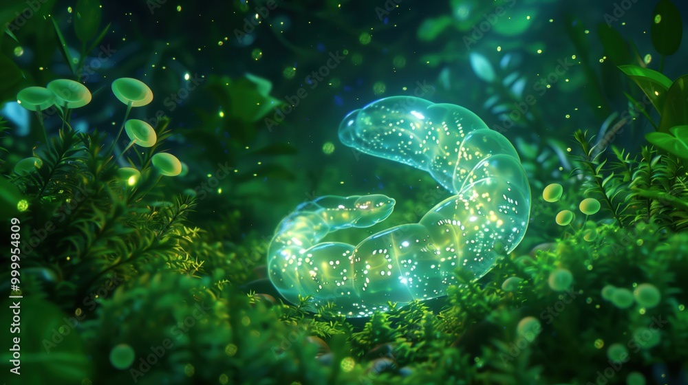 A luminous creature glows in a mystical forest, surrounded by vibrant plants and sparkling lights, creating a magical atmosphere. A luminous creature glows in a mystical forest, surrounded by vibrant plants and sparkling lights, creating a magical atmosphere.