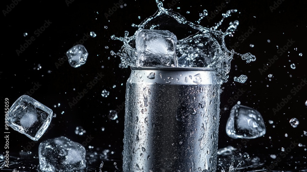 Dramatic image of an aluminum can with ice cubes and a water splash ...