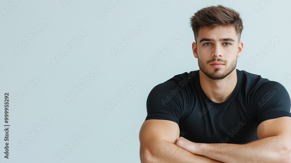 Muscular young man posing confidently in a black t-shirt against a light background Muscular young man posing confidently in a black t-shirt against a light background
