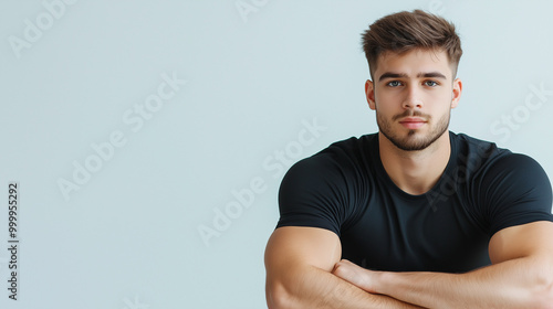 Muscular young man posing confidently in a black t-shirt against a light background