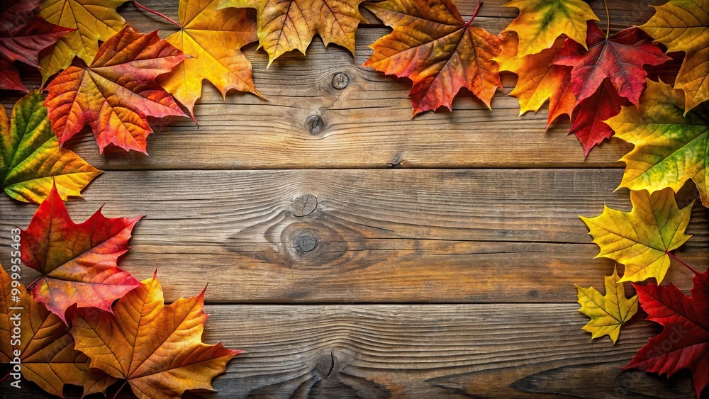 Obraz premium High angle view of autumn leaves on rustic wooden background