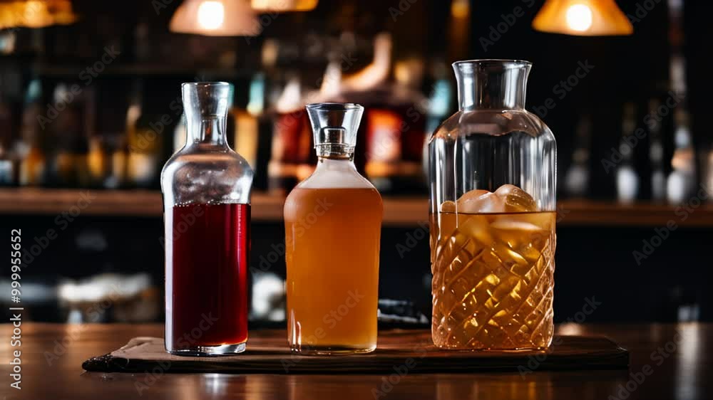 Elegant bar setting with three glasses of different beverages Elegant bar setting with three glasses of different beverages