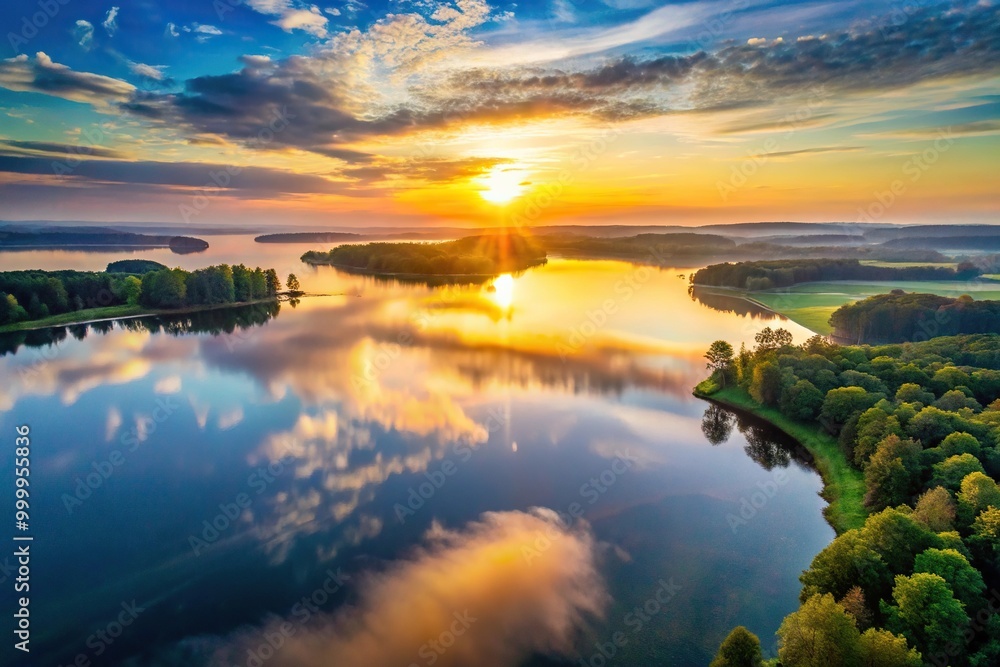 Fototapeta premium High angle view of beautiful sunrise over lake