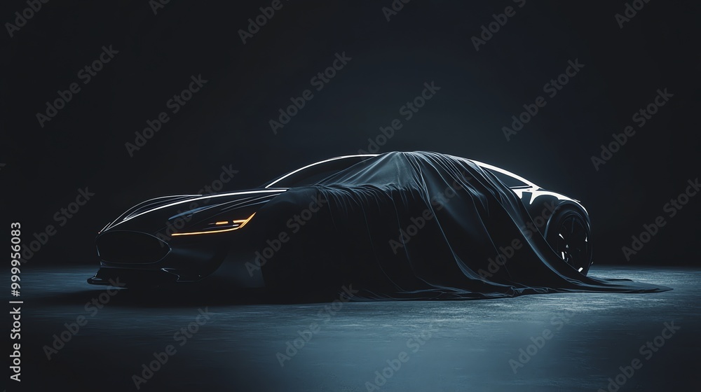 A sleek, black sports car is covered with a black sheet in a studio setting. A sleek, black sports car is covered with a black sheet in a studio setting.