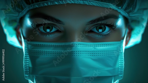 Close-up of a determined female surgeon wearing a surgical mask and cap, focused on her vital medical work in a sterile environment. photo