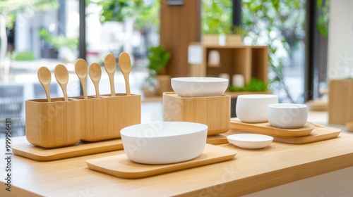 Modern Kitchenware Display on Wooden Table photo