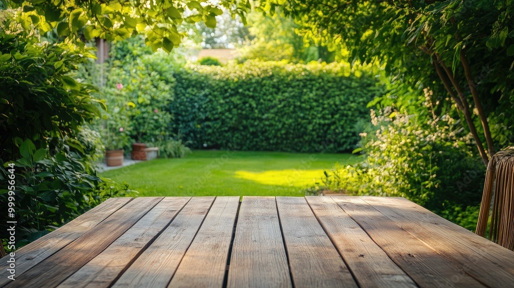 Empty wooden table in a tranquil backyard, surrounded by greenery, perfect for outdoor gatherings and parties Empty wooden table in a tranquil backyard, surrounded by greenery, perfect for outdoor gatherings and parties
