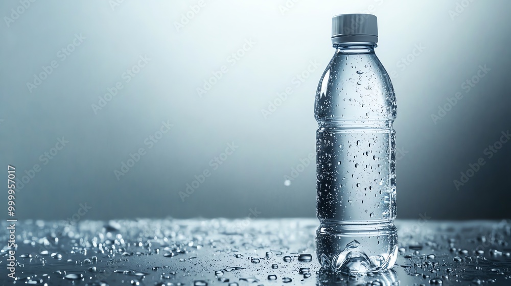 A plastic water bottle with condensation on a wet surface. A plastic water bottle with condensation on a wet surface.