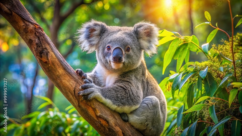 Fototapeta premium Contented Koala Relaxing on a Tree Branch in a Sunny Australian Forest Surrounded by Green Foliage