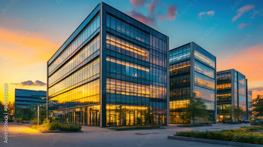Modern high-tech office building with cutting-edge architecture and illuminated facades at dusk Modern high-tech office building with cutting-edge architecture and illuminated facades at dusk