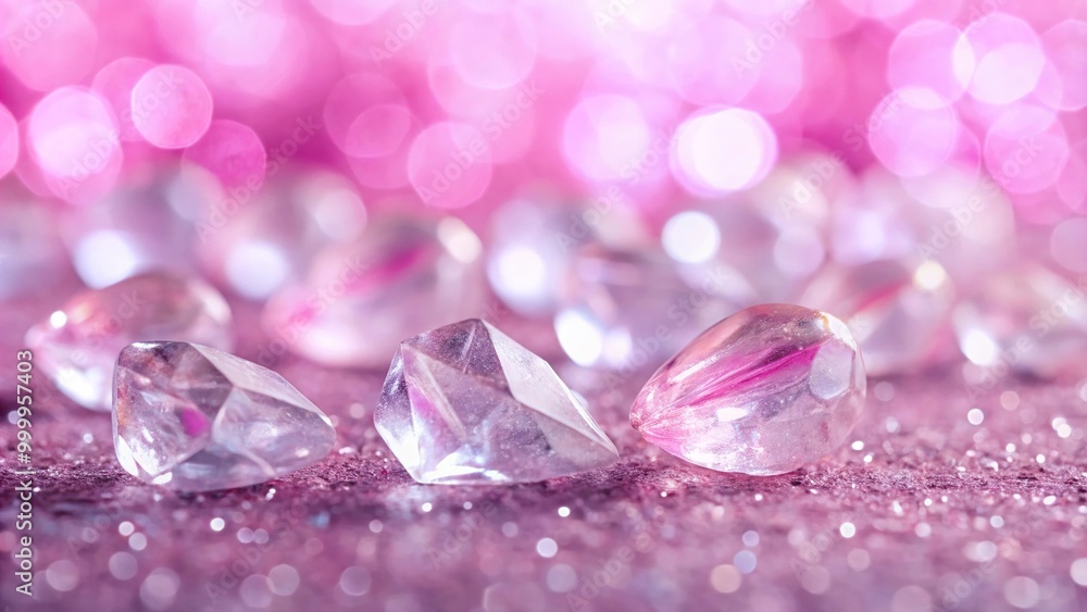 High angle view of clear quartz stones on a pink bokeh background, perfect for healing and relaxation High angle view of clear quartz stones on a pink bokeh background, perfect for healing and relaxation