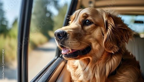 Joyful Golden Retriever enjoying the summer road trip, gazing out of the car window with excitement for the adventure ahead