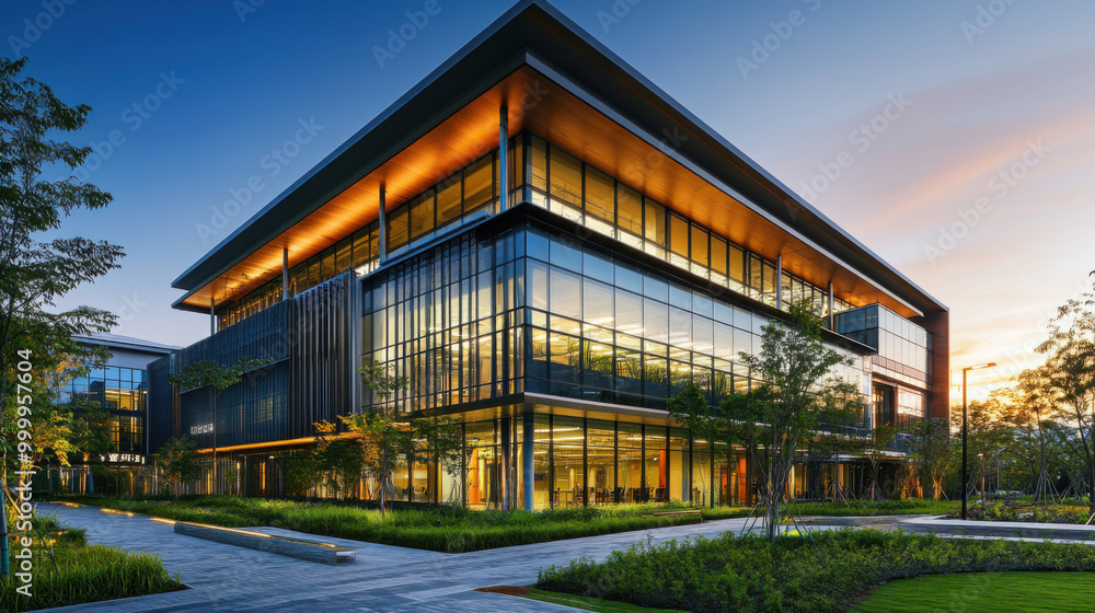Exterior of a modern tech hub with dynamic lighting and an environmentally friendly design Exterior of a modern tech hub with dynamic lighting and an environmentally friendly design