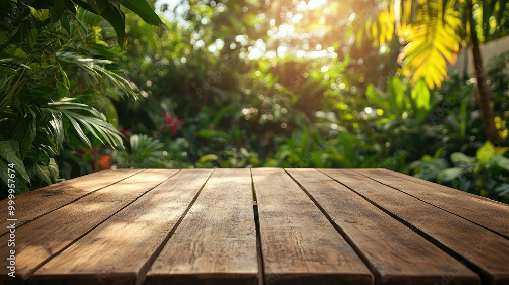 Empty wooden tabletop set in a lush backyard garden, perfect for hosting outdoor parties or barbecues amidst greenery Empty wooden tabletop set in a lush backyard garden, perfect for hosting outdoor parties or barbecues amidst greenery